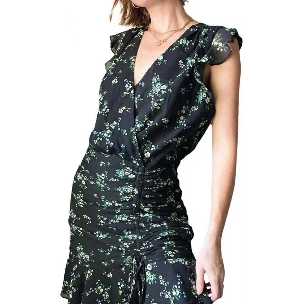 Banana‎ Republic Women’s Dress Midi Ruched Black Floral Flowy Romantic 10 Tall